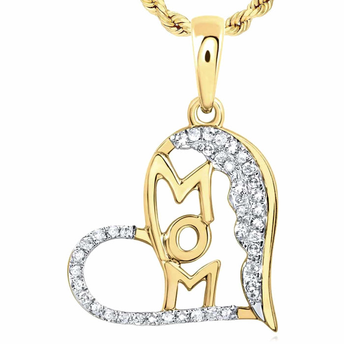 0.16CTW Natural Diamond 10K Gold Yellow White Rose Mom Heart Pendant 0.8" - WJD Exclusives
