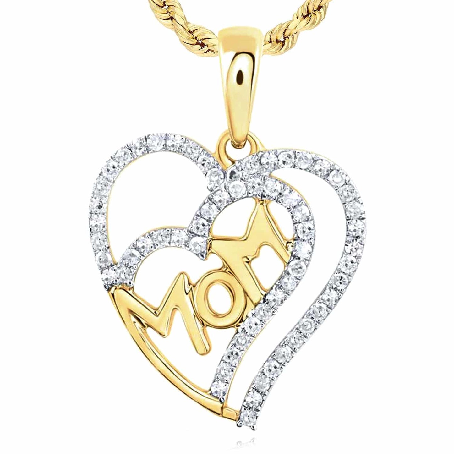 0.3CTW Real Diamond 10K Gold Yellow White Rose Double Heart Charm MOM Pendant