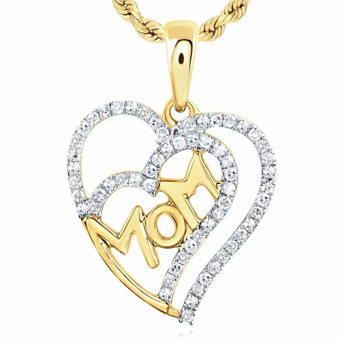 0.3CTW Natural Diamond 10K Gold Yellow White Rose Double Heart MOM Pendant 0.85" - WJD Exclusives