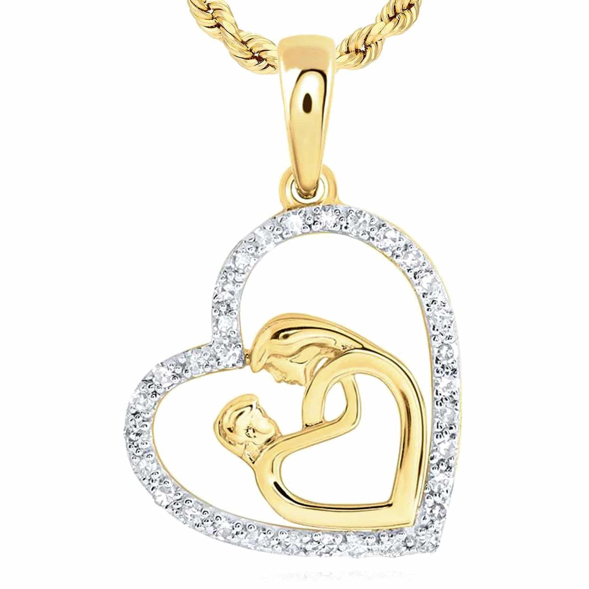 0.17CTW Natural Diamond 10K Gold Yellow White Rose Mom Child Heart Pendant - WJD Exclusives