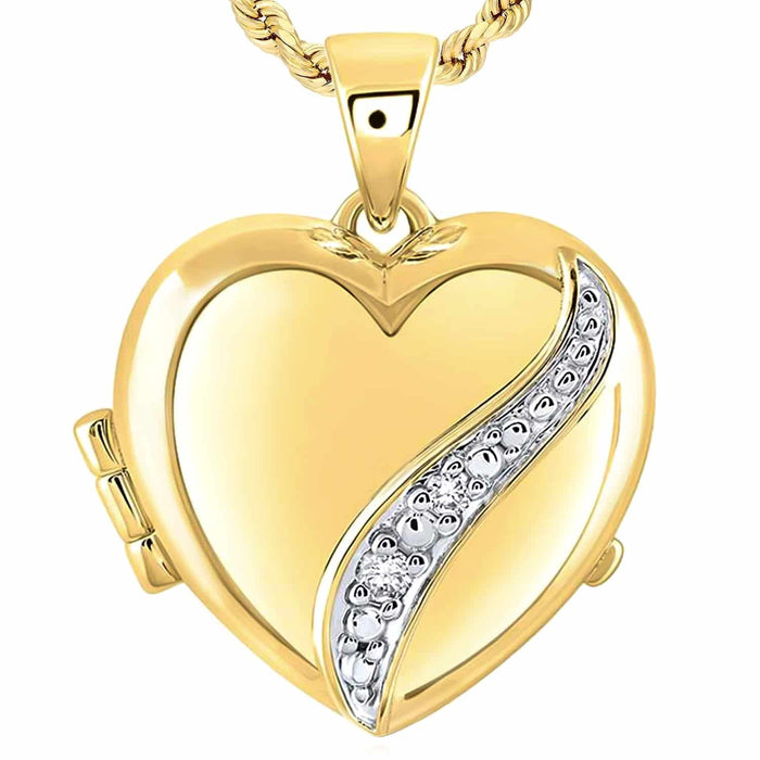 Natural Diamond 10K Gold Yellow White Rose Heart DIY Photo Locket Pendant 1" - WJD Exclusives