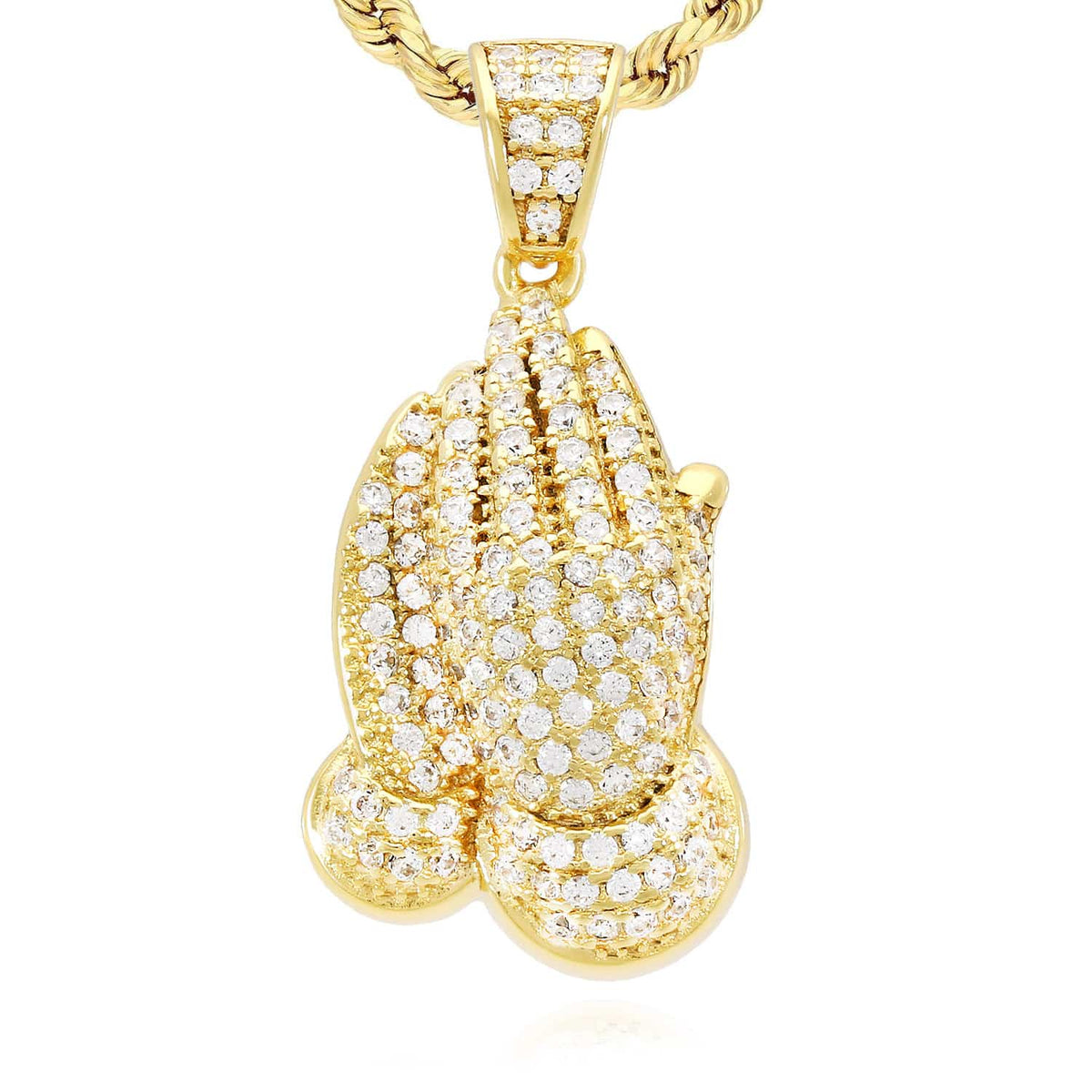 14K Yellow White Gold Over Silver CZ Pave Religious Praying Hands Pendant 1.18"