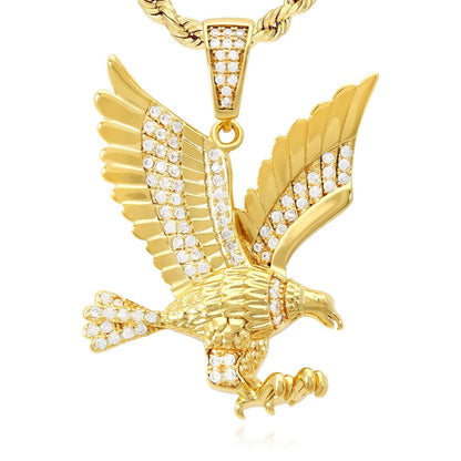 14k Yellow White Gold Over Silver White Zirconia Open Wings Eagle Pendant 1.57"