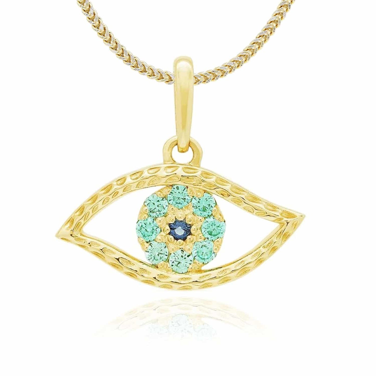 14k Yellow Gold Simulated Aquamarine & Sapphire Evil Eye Pendant 0.5"