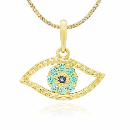 14k Yellow Gold Simulated Aquamarine & Sapphire Evil Eye Pendant 0.5"