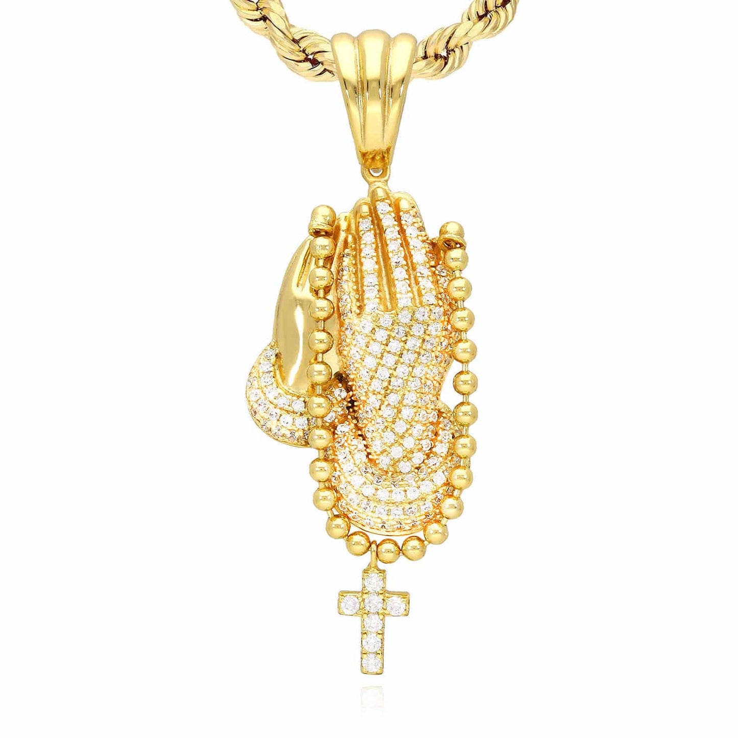 14k Gold Over Sterling Silver CZ Praying Hand Cross Pendant 1.57"