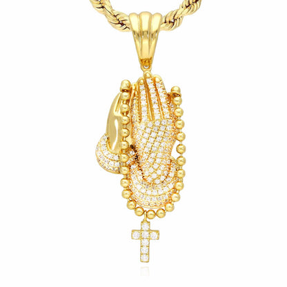 14k Gold Over Sterling Silver CZ Praying Hand Cross Pendant 1.57"