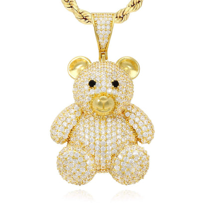 14K Gold Over Sterling Silver Pave CZ Teddy Bear Pendant 1.97"