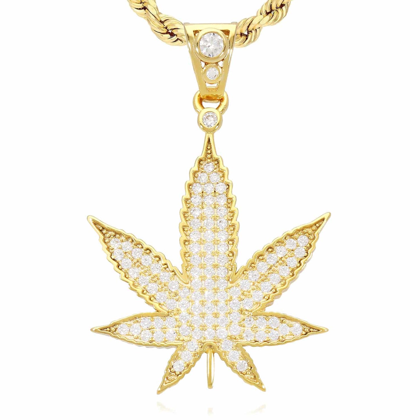 14K Gold Over Sterling Silver CZ Pave Marijuana Hemp Pendant 1.8"