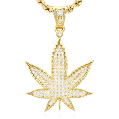 14K Gold Over Sterling Silver CZ Pave Marijuana Hemp Pendant 1.8"
