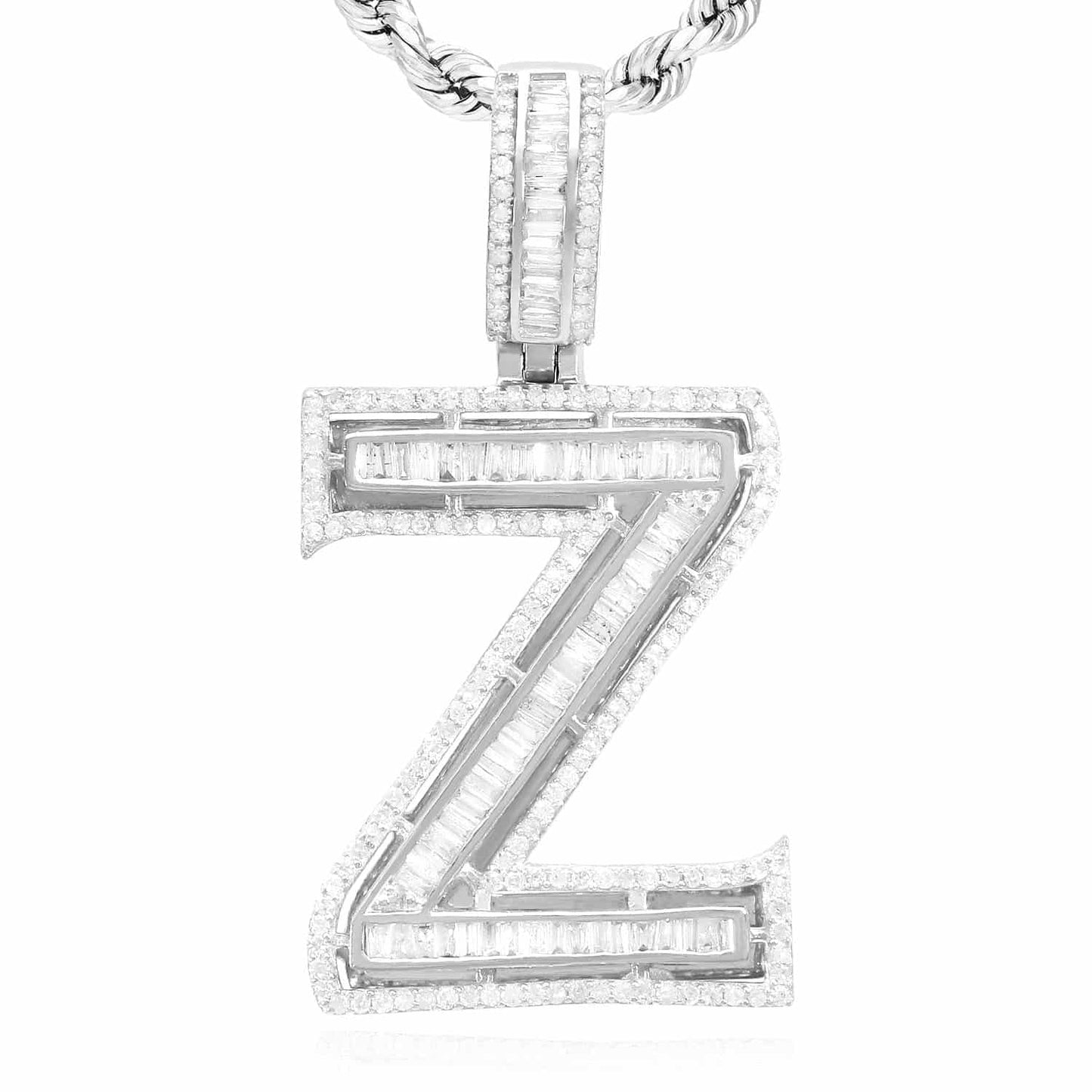 1.1CTW Real Diamond Baguette 14K White Gold Initial Letter Pendant 1.5"