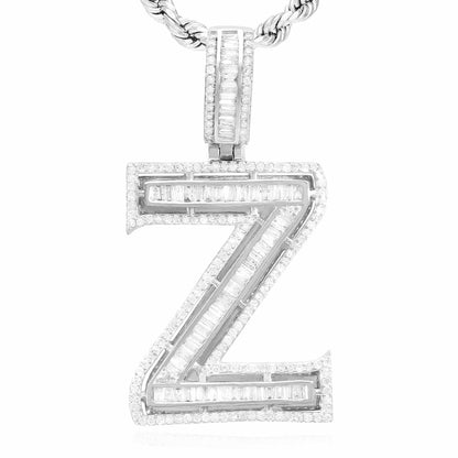 1.1CTW Real Diamond Baguette 14K White Gold Initial Letter Pendant 1.5"