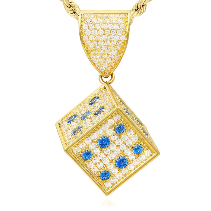 14K Yellow Gold CZ Red Blue Green Mini Dice Pendant 1.5"