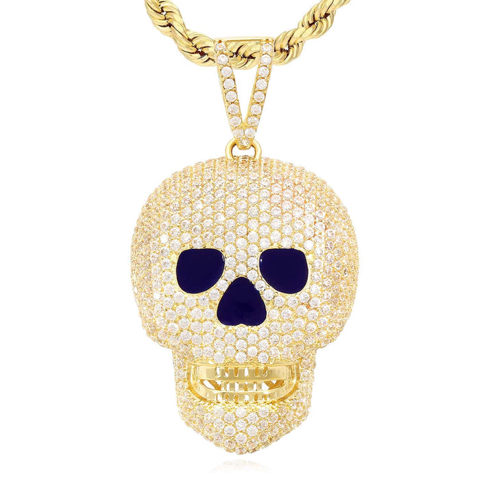 14K Yellow Gold CZ Pave Iced Out Classic Skull Pendant 1.6"