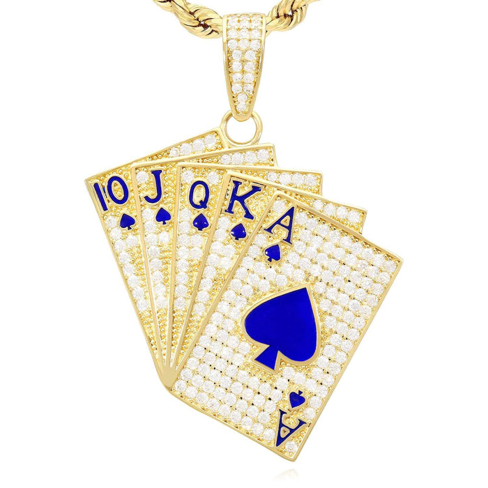 14K Yellow Gold CZ Blue Green Red Pave Playing Cards Pendant 1.9"