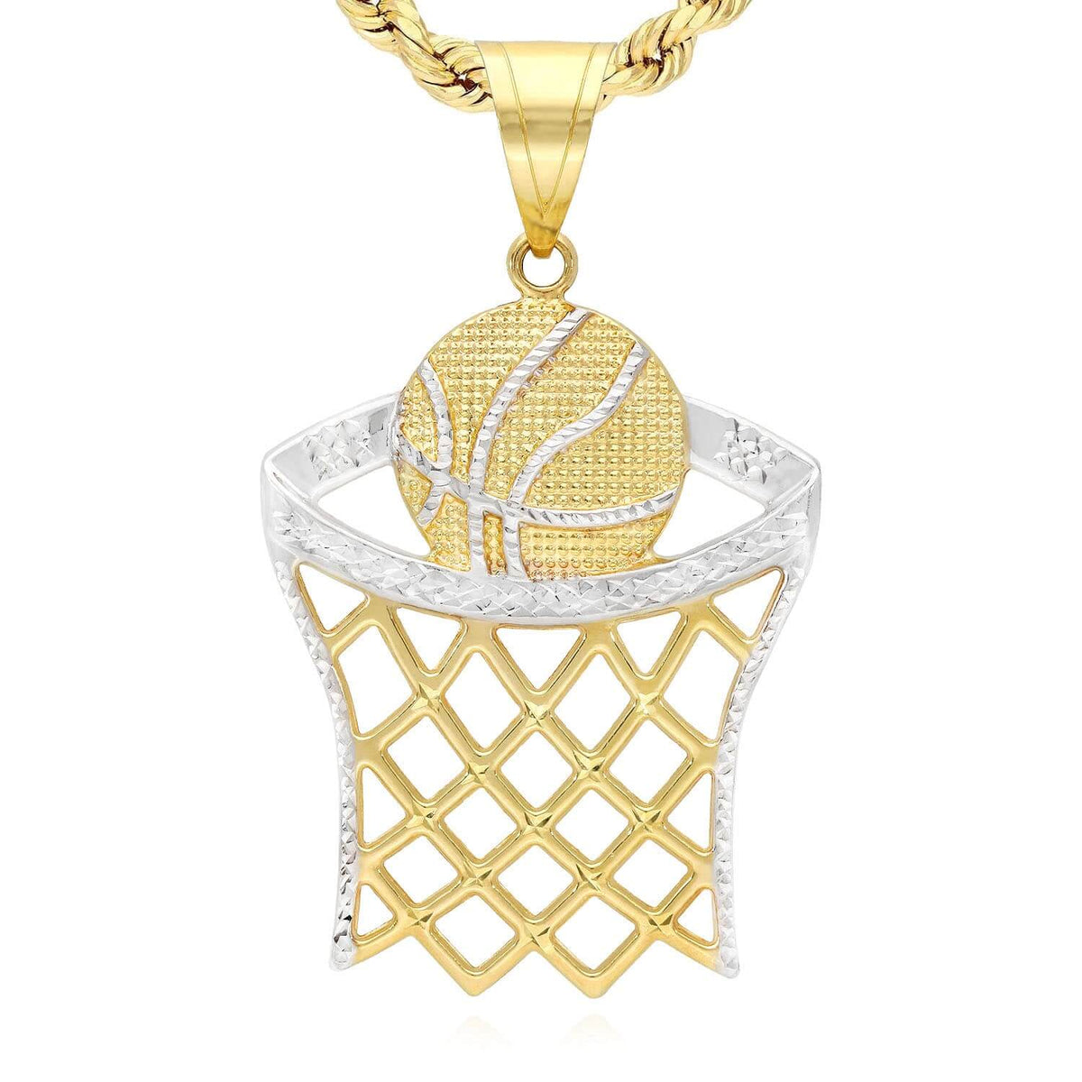 10K Yellow Gold Two-Tone Diamond-Cut Basketball Hoop Sport Pendant 1.57"-2.76"