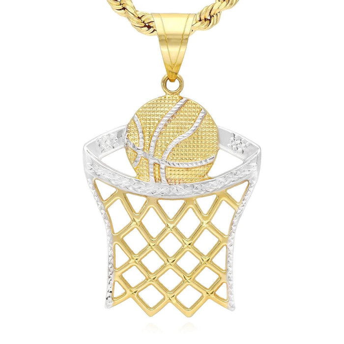 10K Yellow Gold Two-Tone Diamond-Cut Basketball Hoop Sport Pendant 1.57"-2.76"