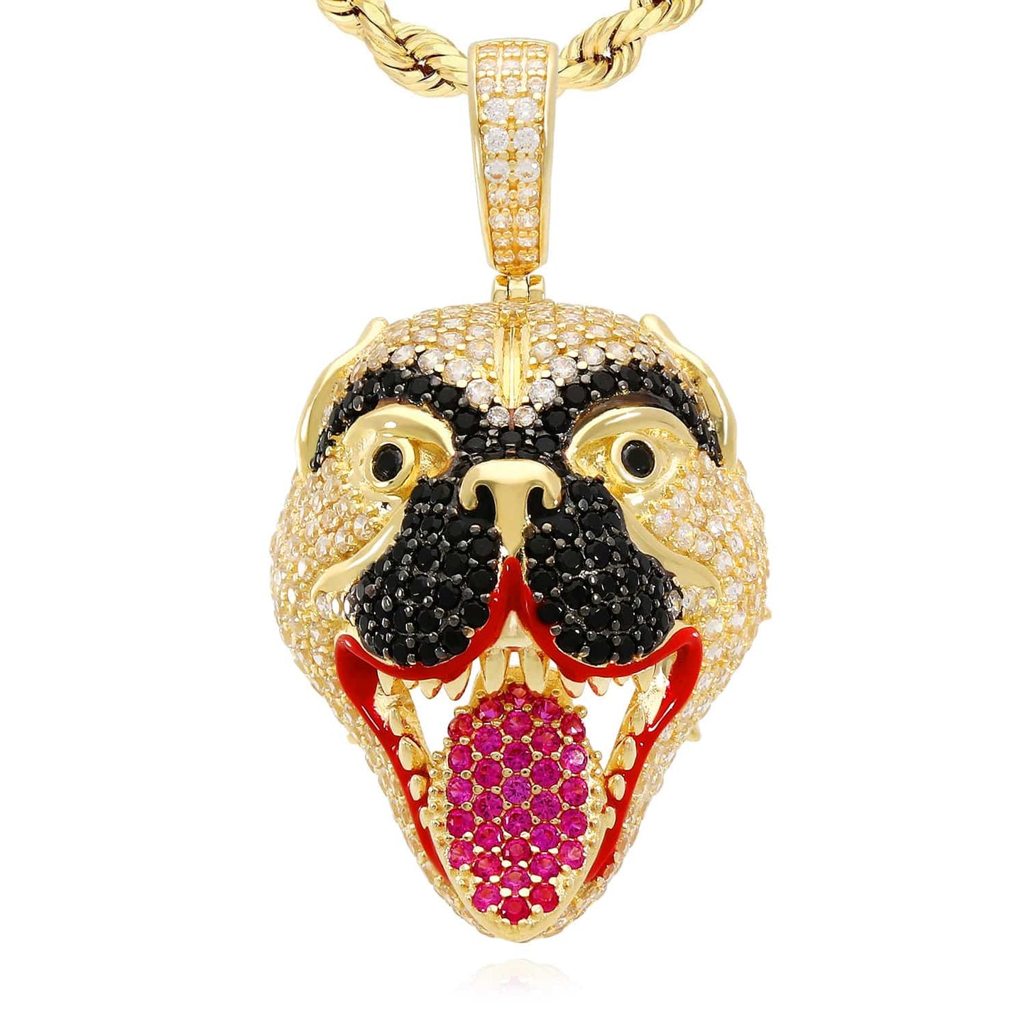 14K Yellow Gold CZ Pave Mad Dog Face Hip Hop Charm Pendant 1.8"