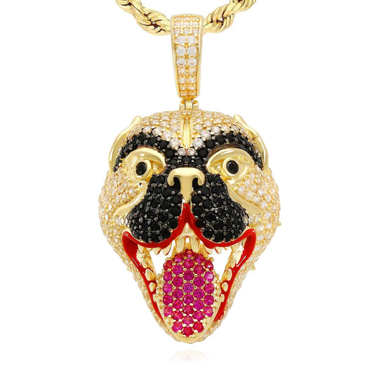 14K Yellow Gold CZ Pave Mad Dog Face Hip Hop Charm Pendant 1.8"