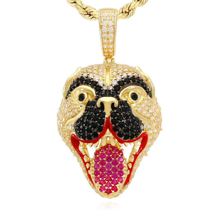 14K Yellow Gold CZ Pave Mad Dog Face Hip Hop Pendant 1.8" - WJD Exclusives