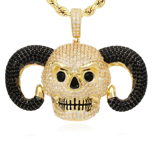 14K Yellow Gold CZ Pave Horned Ram Skull Charm Pendant 1.7"