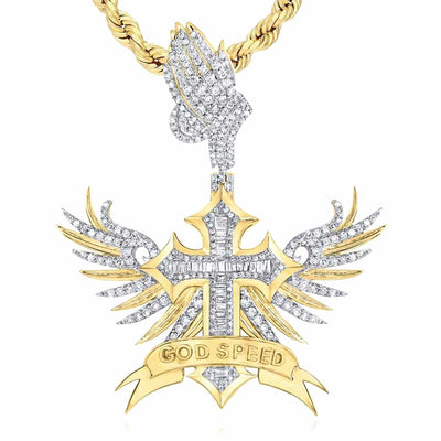 1.85CTW Natural Diamond 10K Gold Praying Hands Godspeed Wings Cross Pendant 1.9" - WJD Exclusives