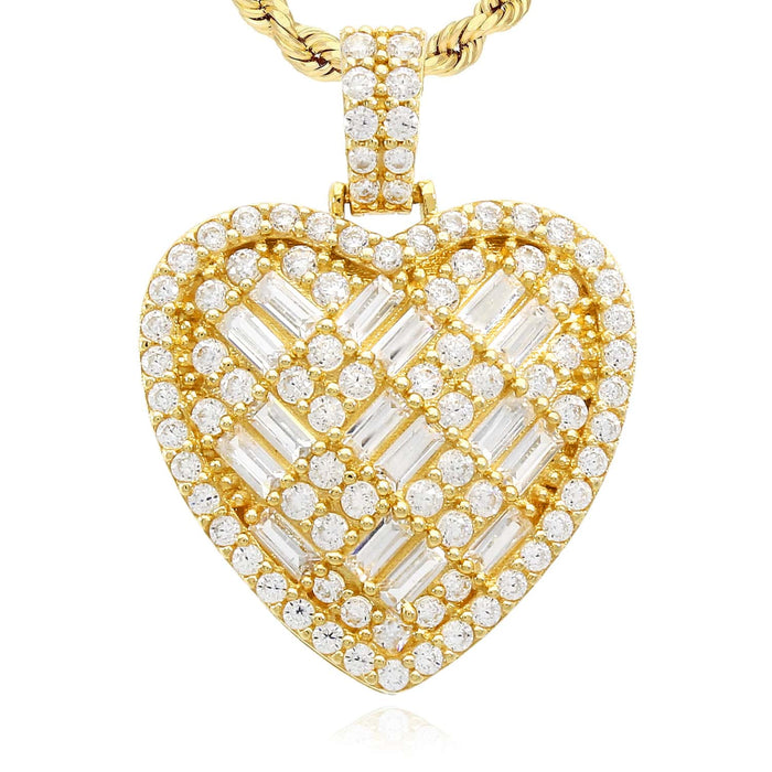 14K Yellow Gold CZ Round Baguette Pave Heart Pendant 1.1" - WJD Exclusives