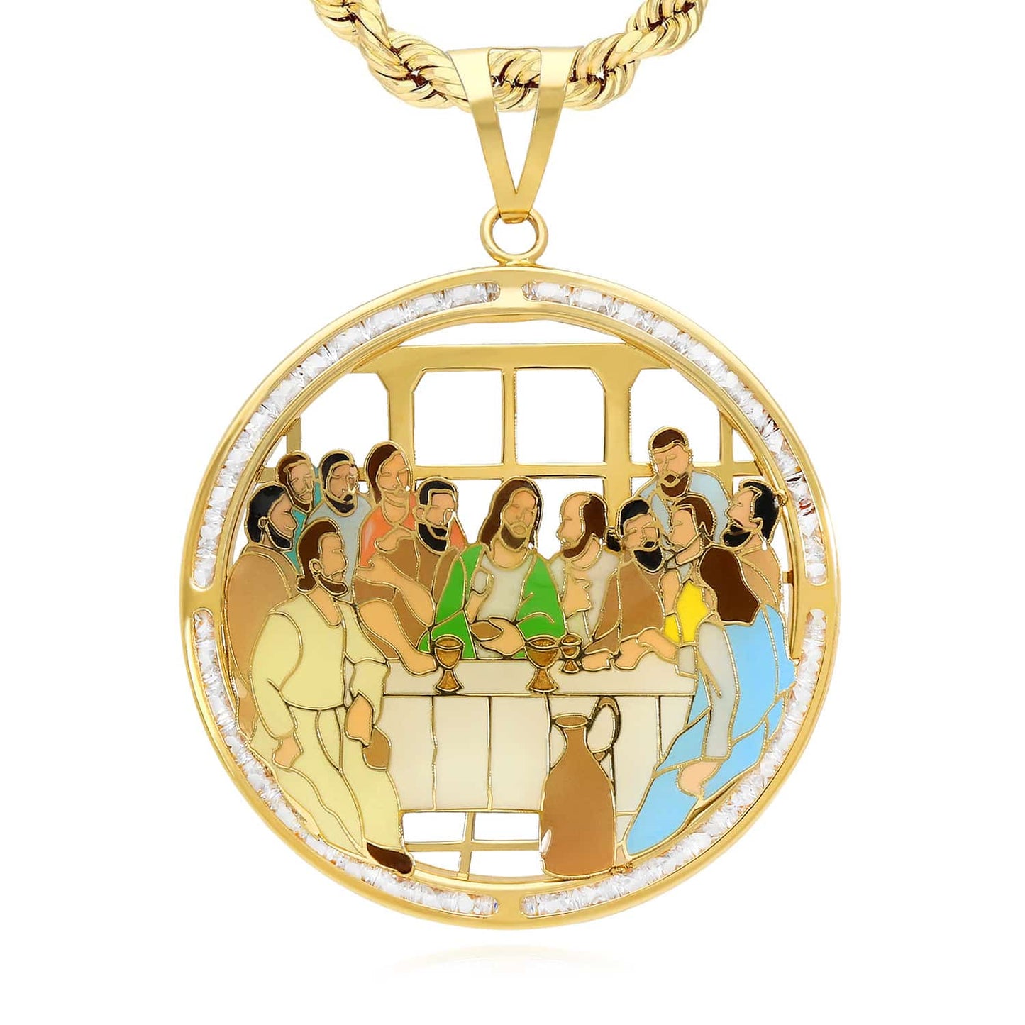 14K Yellow Gold CZ Enamel Religious Last Supper Pendant 2.1"