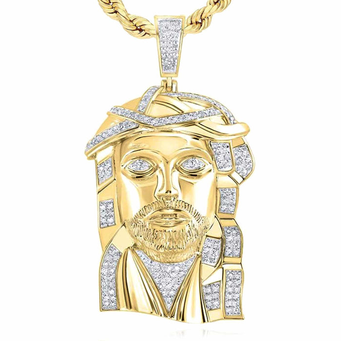 1.50CTW Natural Diamond 10K Yellow Gold Jesus Face Pendant 2.4" - WJD Exclusives
