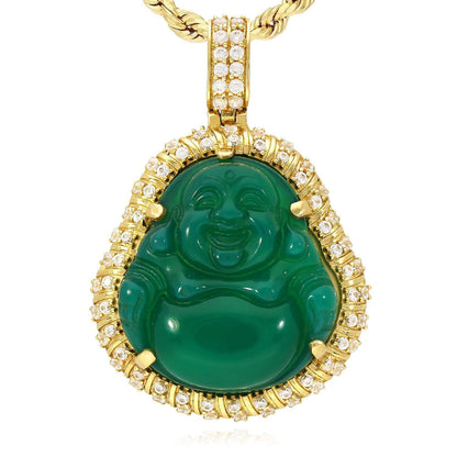 14K Yellow Gold CZ Frame Green Jade Buddha Charm Pendant 1.6"