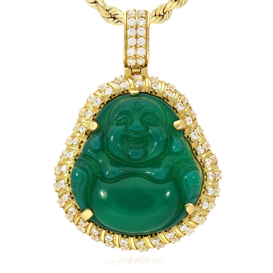 14K Yellow Gold CZ Frame Green Jade Buddha Charm Pendant 1.6"