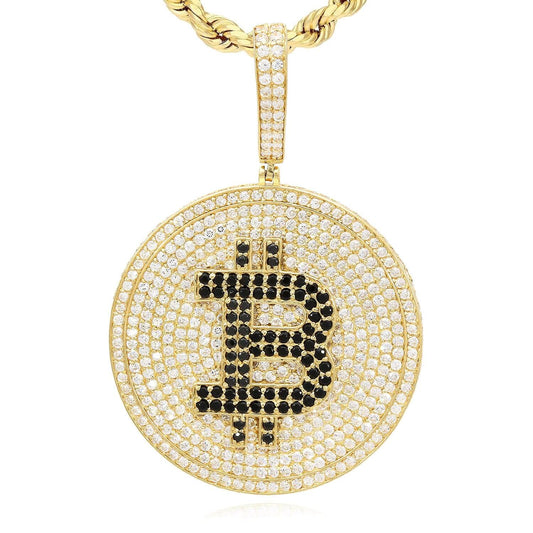 14K Yellow Gold CZ Black Pave Iced Bitcoin Pendant 2.1"