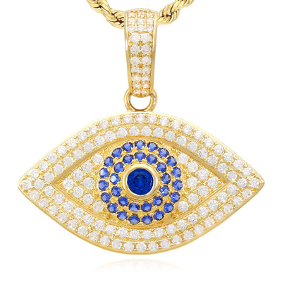 14K Yellow Gold CZ Sapphire Evil Eye Pendant 1.2"