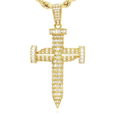 14K Yellow Gold Simulated Baguette Diamond Double Nail Cross Pendant 2.4"