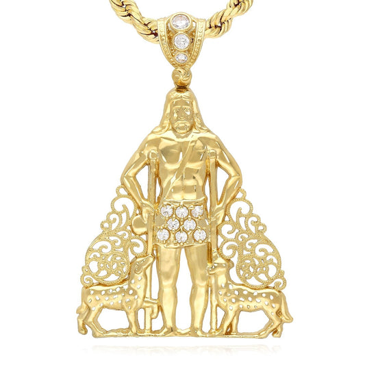 14K Real Gold CZ Religious Saint Lazaro Charm Pendant 2"-2.7"