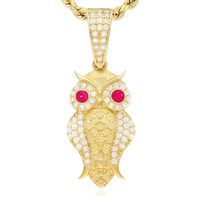 14K Yellow Gold CZ Ruby Eyes Owl Pendant 1.4"