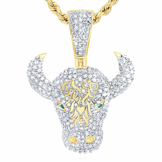 1.20CTW Real Diamond 10K Yellow Gold Bull Head Face Charm Pendant 1.2"