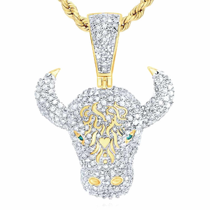 1.20CTW Natural Diamond 10K Yellow Gold Bull Head Face Pendant 1.2" - WJD Exclusives