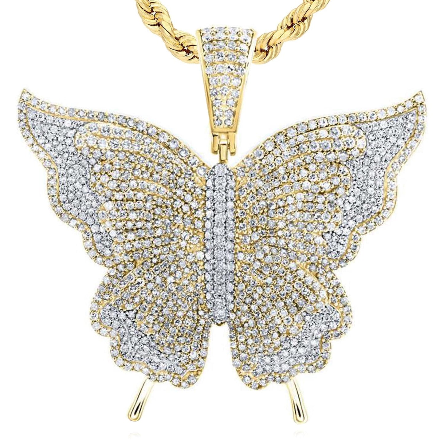 4.20CTW Real Diamond 10K Yellow Gold Pave Butterfly Charm Pendant 1.8"