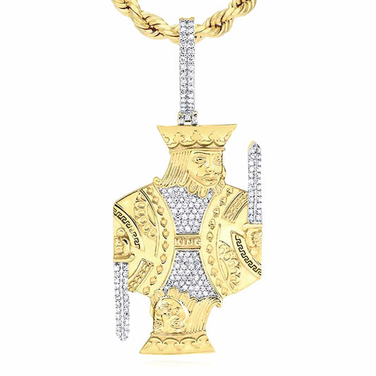 0.60CTW Real Diamond 10K Yellow Gold Playing Card King Charm Pendant 1.7"