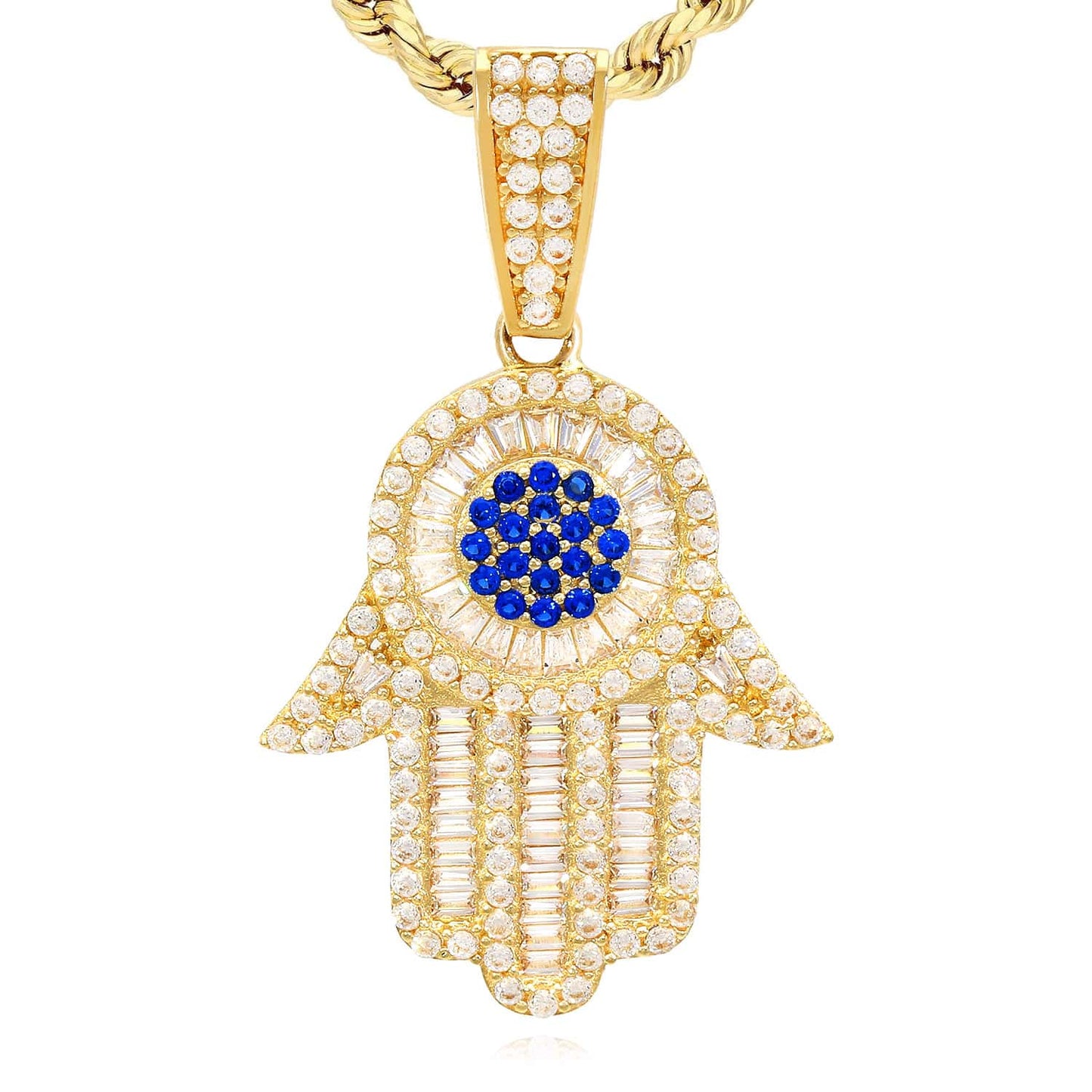 14K Yellow Gold Simulated Baguette Diamond Sapphire Hamsa Charm Pendant 1.6"