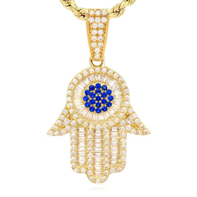 14K Yellow Gold CZ Baguette Sapphire Hamsa Pendant 1.6"