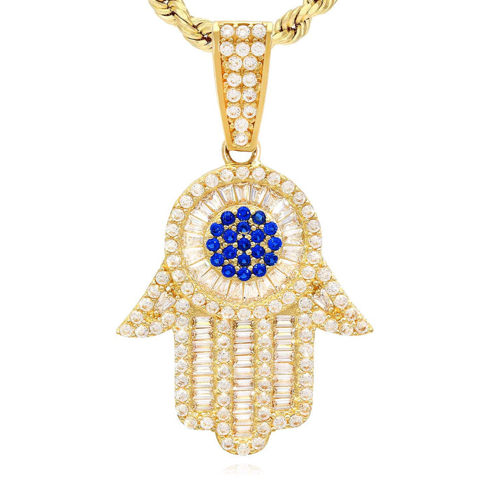 14K Yellow Gold CZ Baguette Sapphire Hamsa Pendant 1.6"