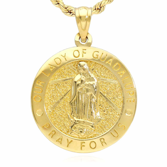 10K Yellow Gold Our Lady Of Guadalupe Pray For Us Medallion Pendant 0.8-1"