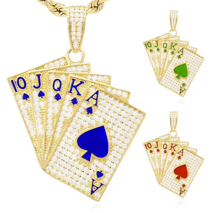 14K Yellow Gold CZ Blue Green Red Pave Playing Cards Pendant 1.9"
