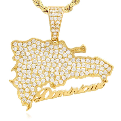 14K Yellow Gold CZ Pave Dominican Map Charm Pendant 1.3"