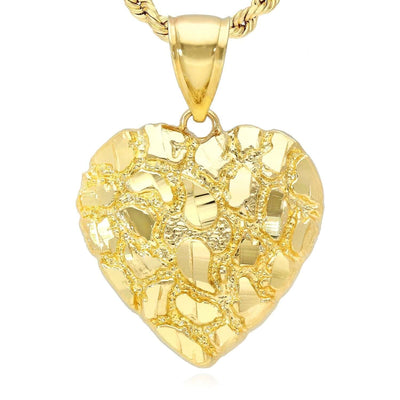 10K Yellow Gold Nugget Heart Pendant 0.7" - 1.4" - WJD Exclusives