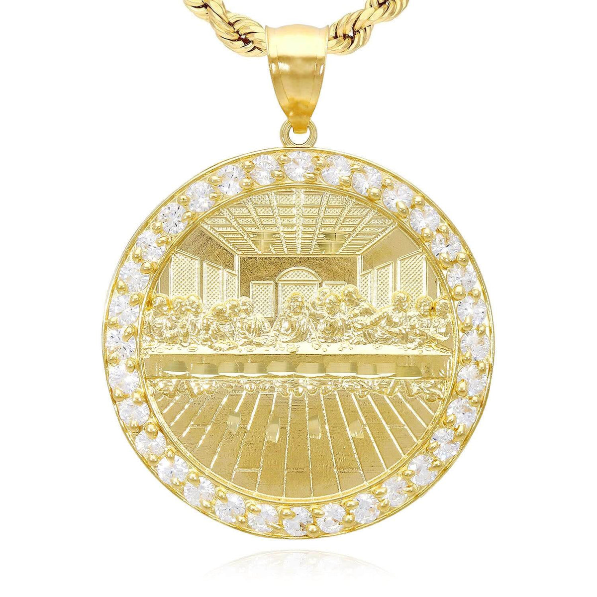 Solid 10K Gold CZ Frame Last Supper Round Pendant 0.8"-1.6"