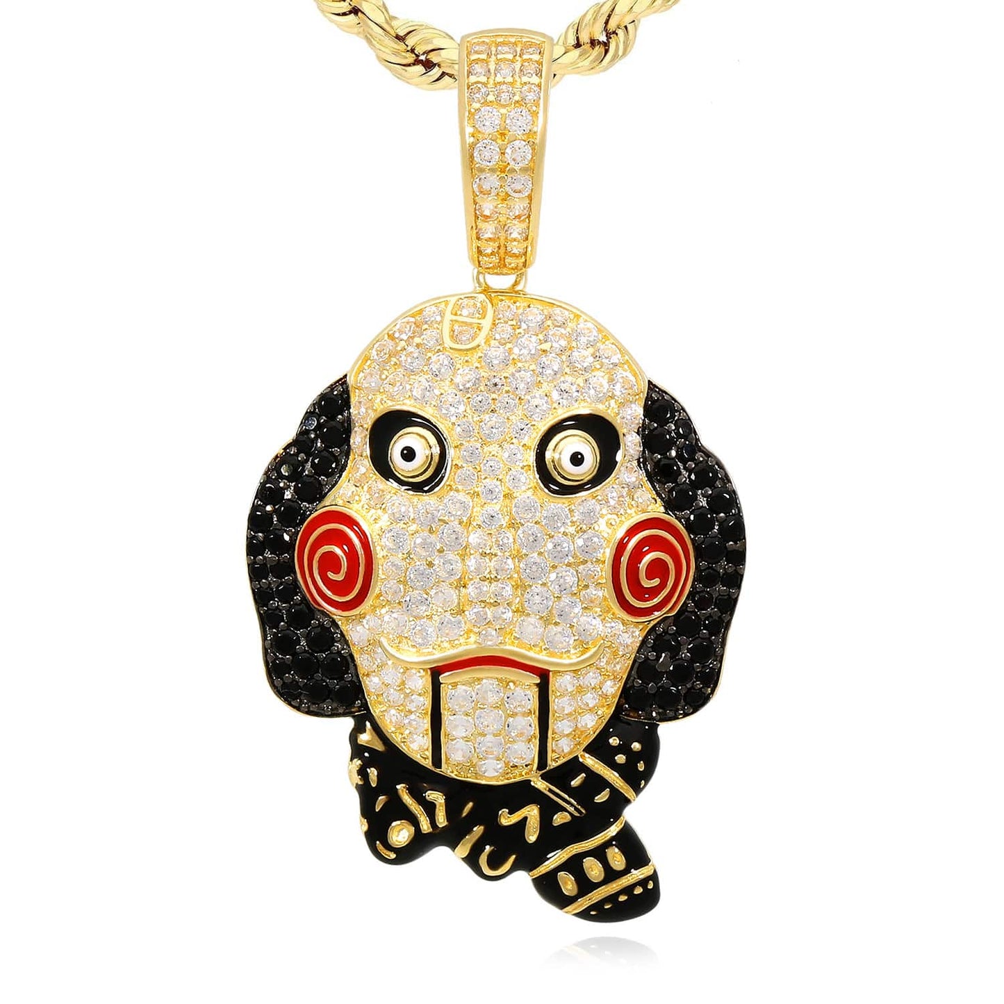 14K Yellow Gold CZ Pave SAW Jigsaw Mask Charm Pendant 1.7"