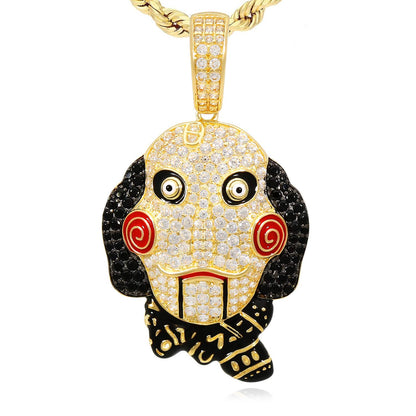 14K Yellow Gold CZ Pave SAW Jigsaw Mask Charm Pendant 1.7"